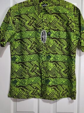 Men's Short-Sleeve Green Patterned Button-Down Shirt by Kau Kauwa XOS? NEW